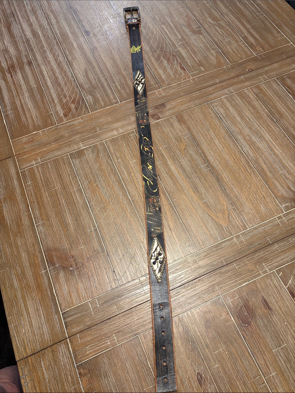 Ed Hardy Black Leather Studded & Tattoo Belt with Yellow Accents